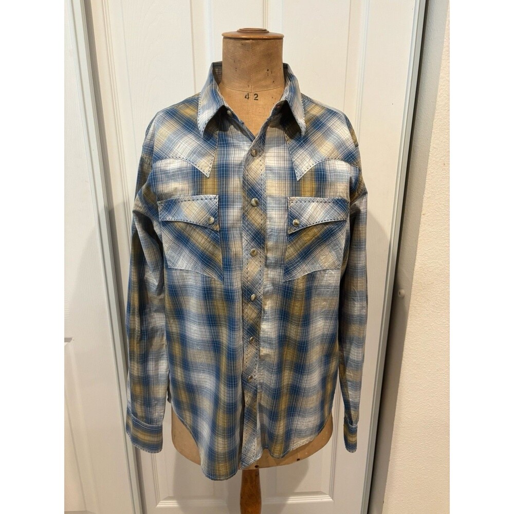 Wrangler American Cowboy Men’s Vintage Blue Plaid Pearl Snap Long Sleeve Shirt